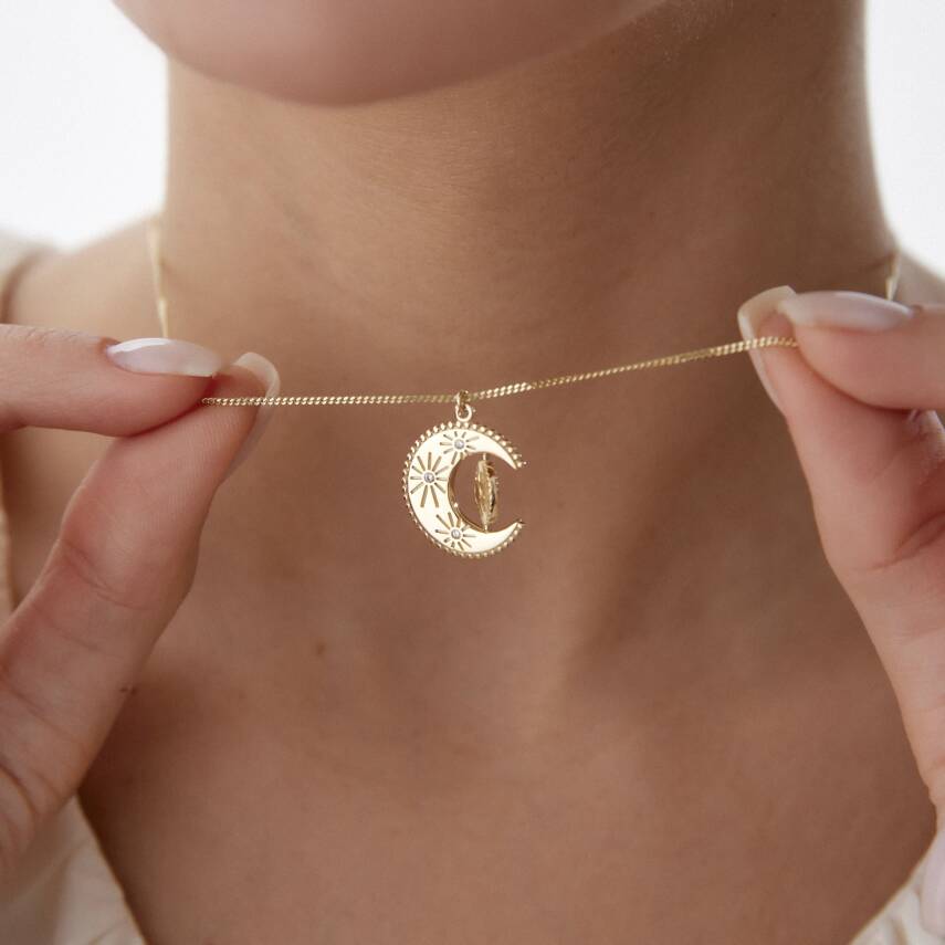 Altın Taşlı Ay Yıldız Kolye - 1