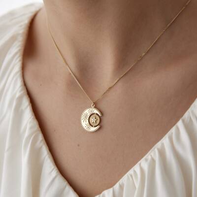 Altın Taşlı Ay Yıldız Kolye - 2