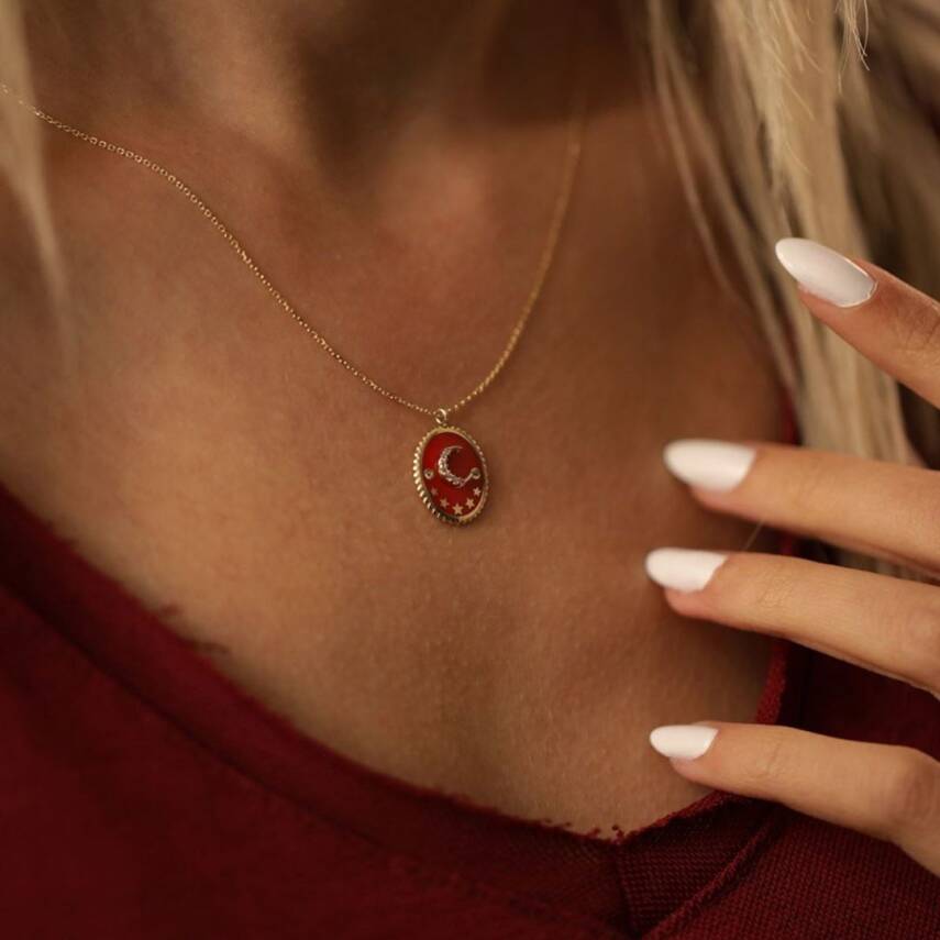 Kırmızı Mineli Ay Yıldız Altın Kolye - Semih Haşhaş Kuyumculuk