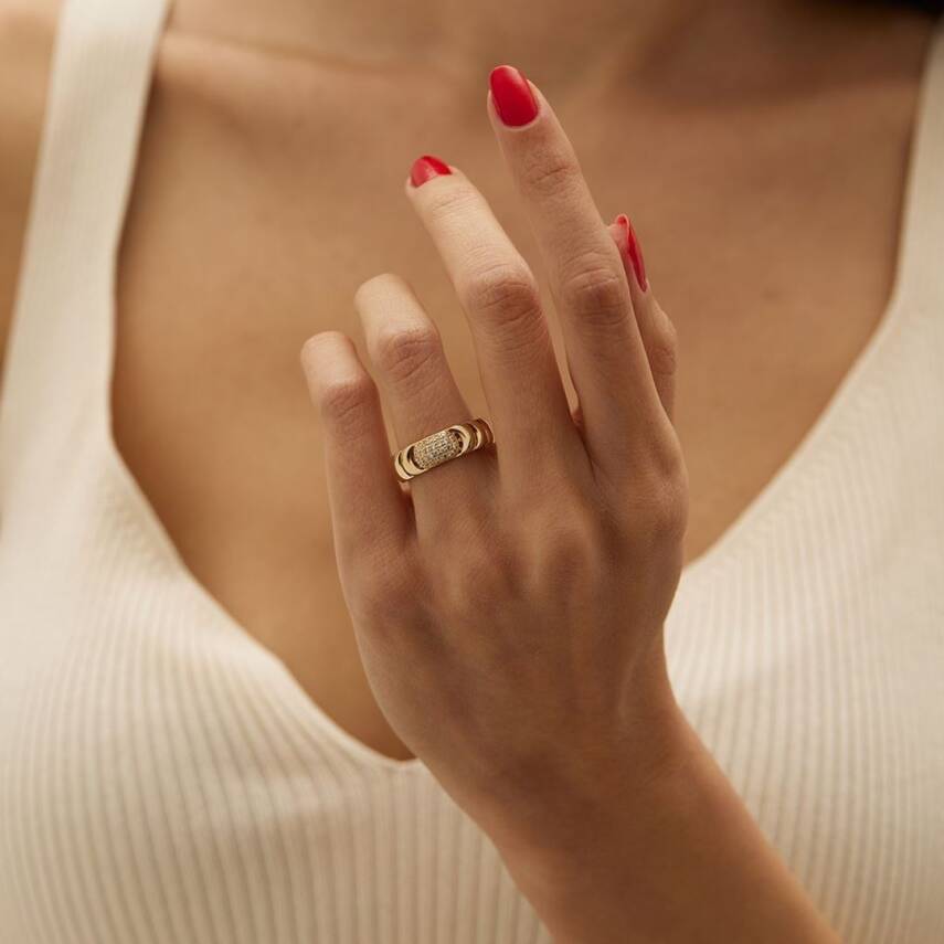 Ortası Taşlı Bombeli Plaka Altın Yüzük - Semih Haşhaş Kuyumculuk