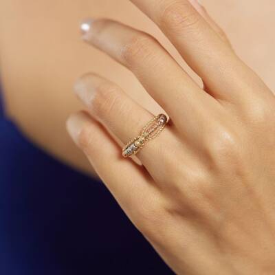 Ortası Üç Renk Dorika Dizili Altın Yüzük - 1