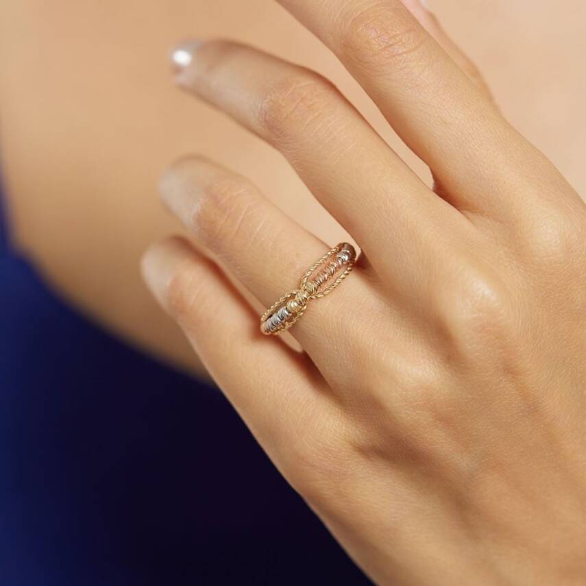 Ortası Üç Renk Dorika Dizili Altın Yüzük - Semih Haşhaş Kuyumculuk