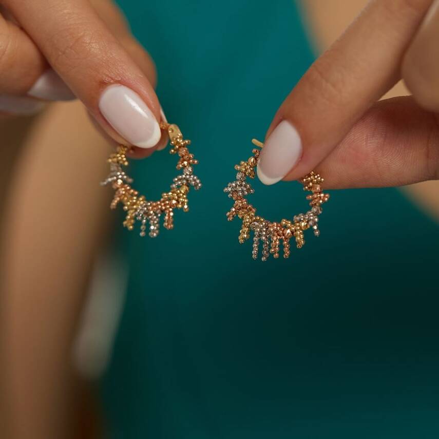 Saçaklı Üç Renk Dorika Toplu Altın Halka Küpe - Semih Haşhaş Kuyumculuk (1)