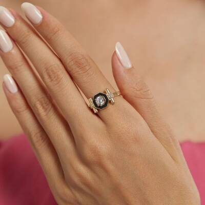 Siyah Mineli Baget Altın Yüzük - 1