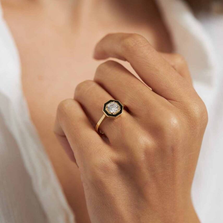 Siyah Mineli Baget Taşlı Altın Yüzük - Semih Haşhaş Kuyumculuk