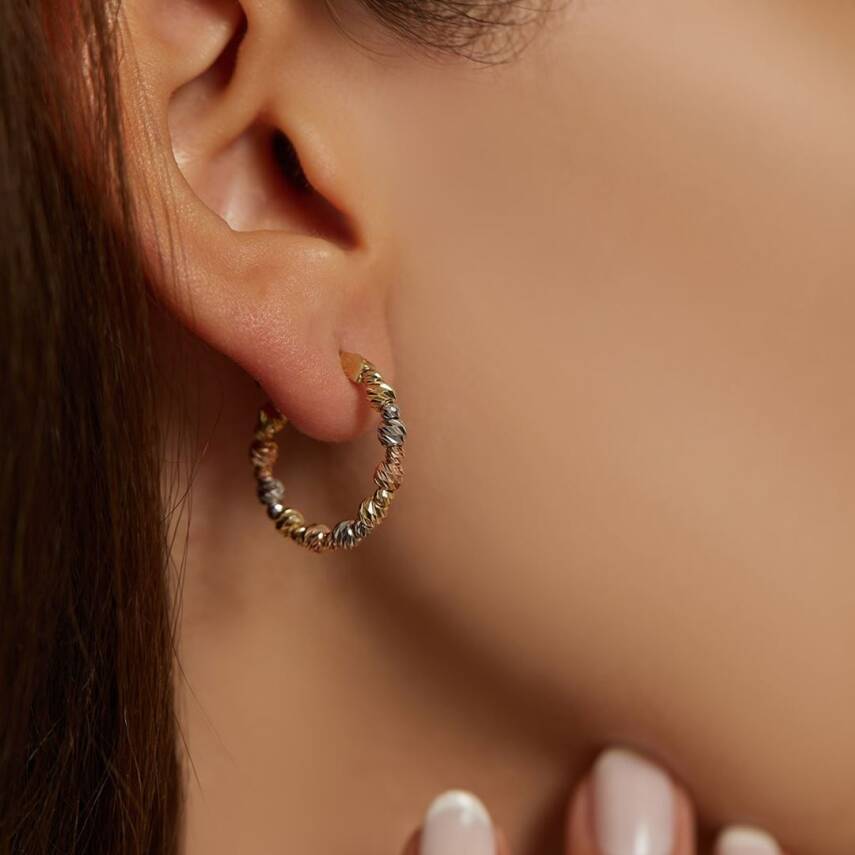 Üç Renk Dorika Toplu Altın Halka Küpe - Semih Haşhaş Kuyumculuk