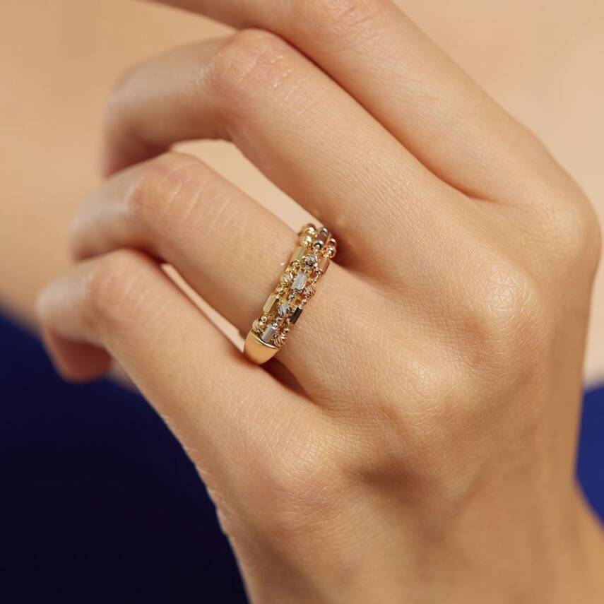 Üç Renkli Dorika Toplu Tasarım Altın Yüzük - Semih Haşhaş Kuyumculuk