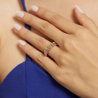 Üç Renkli Dorika Toplu Tasarım Altın Yüzük - 2