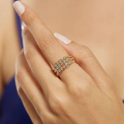 Üç Sıra Üç Renkli Dorika Toplu Altın Yüzük - 1