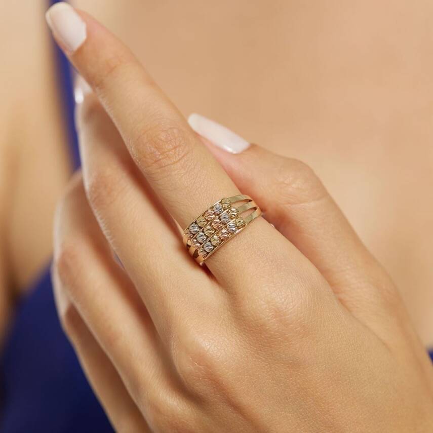 Üç Sıra Üç Renkli Dorika Toplu Altın Yüzük - Semih Haşhaş Kuyumculuk