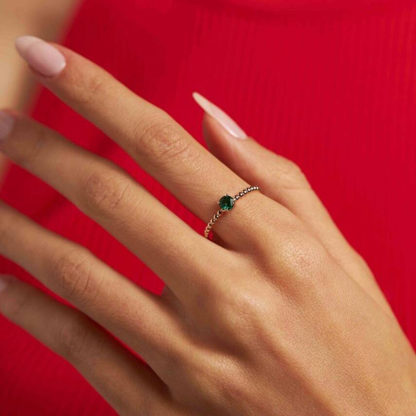 Yuvarlak Yeşil Taşlı Minimal Altın Yüzük - Semih Haşhaş Kuyumculuk